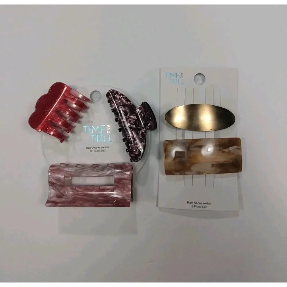 Time and Tru Women's Hair Claw Clips, 2-Pack, Red 5PC